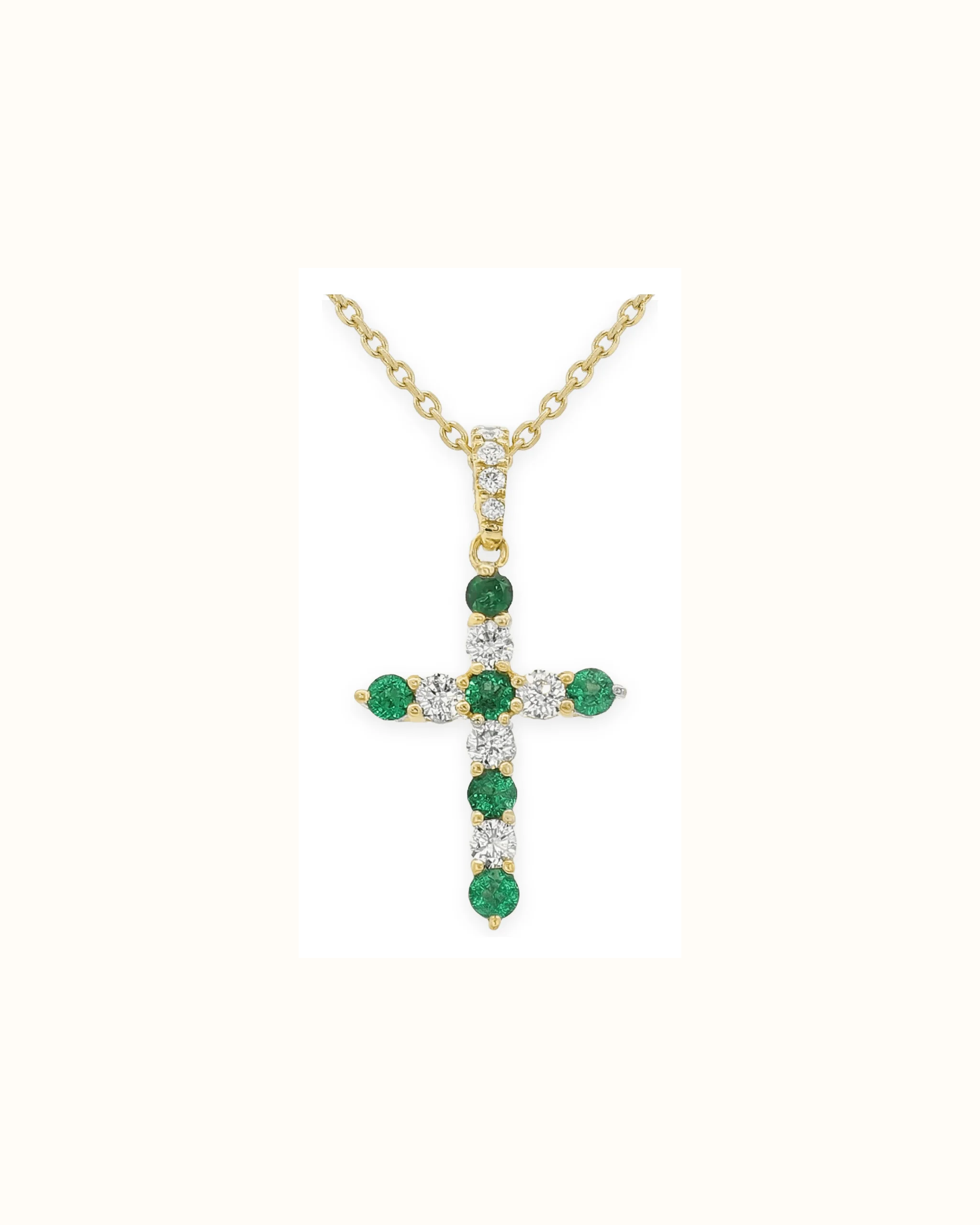 Emerald and Lab-Grown Diamond Cross Pendant in 18K Gold