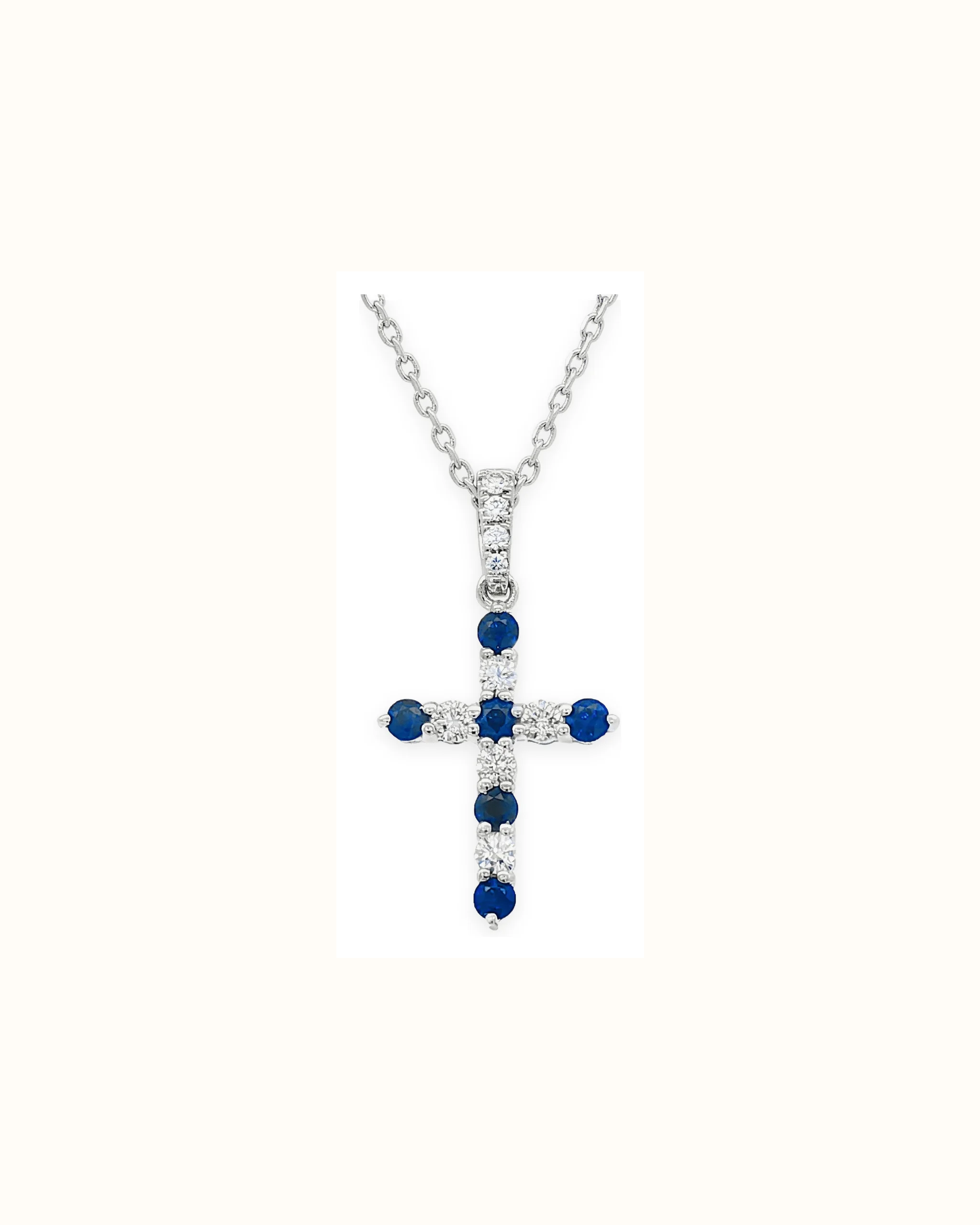 Round Sapphire and Lab-Grown Diamond Cross Pendant in 18K Gold