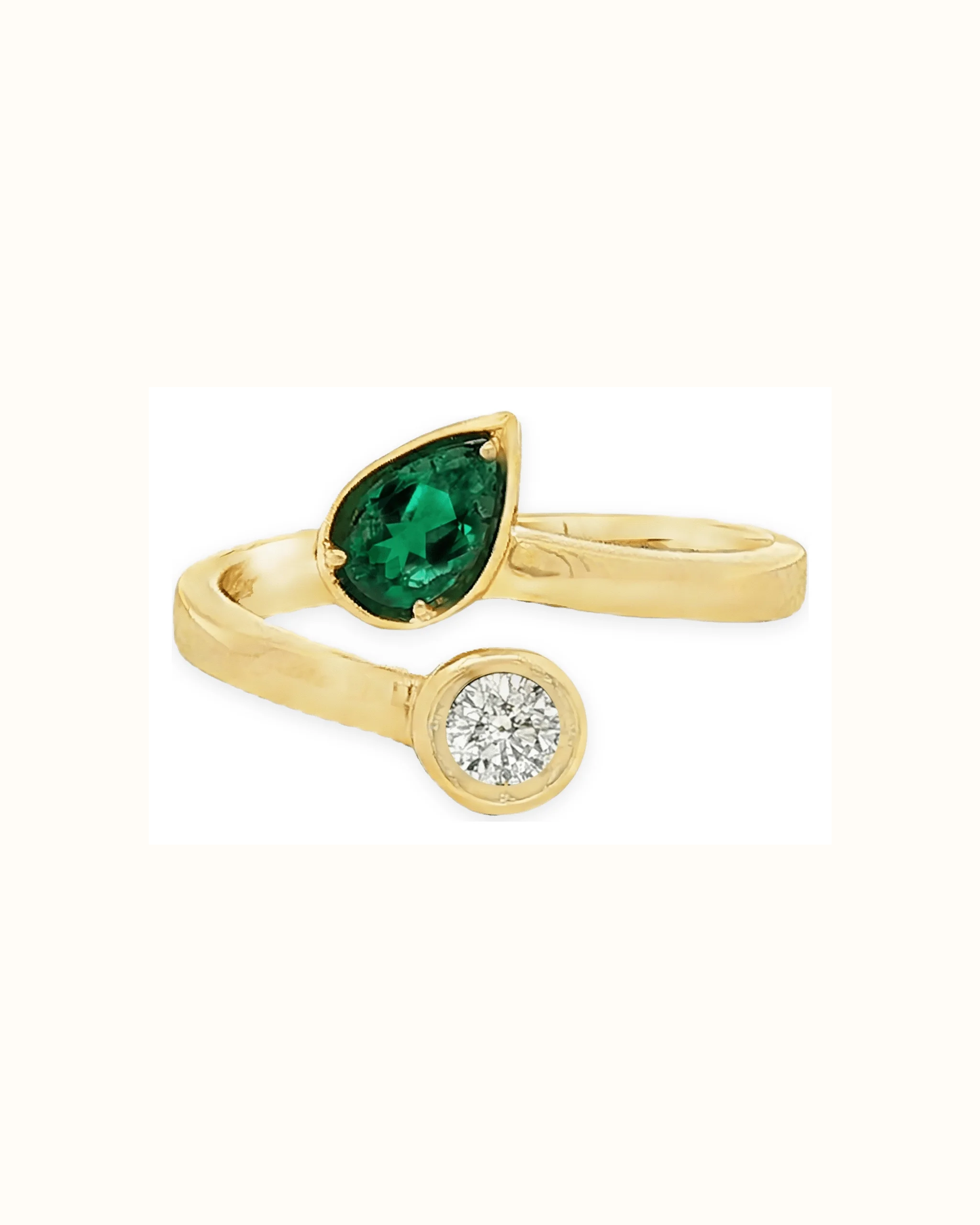 Pear Emerald and Round Lab-Grown Diamond Ring in 14K Gold