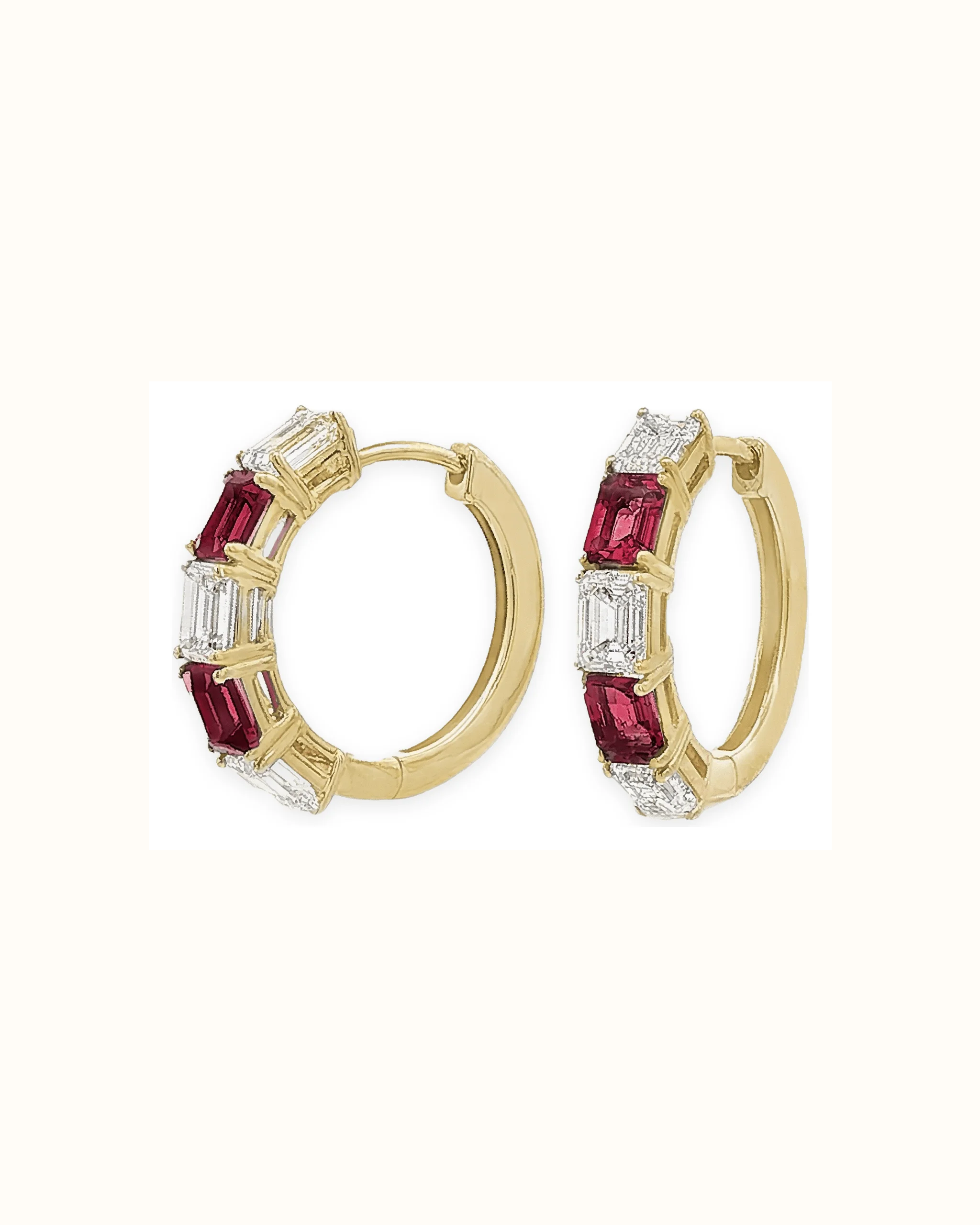 Lab Grown Emerald Cut Ruby and Lab-Grown Diamond Hoop Earrings