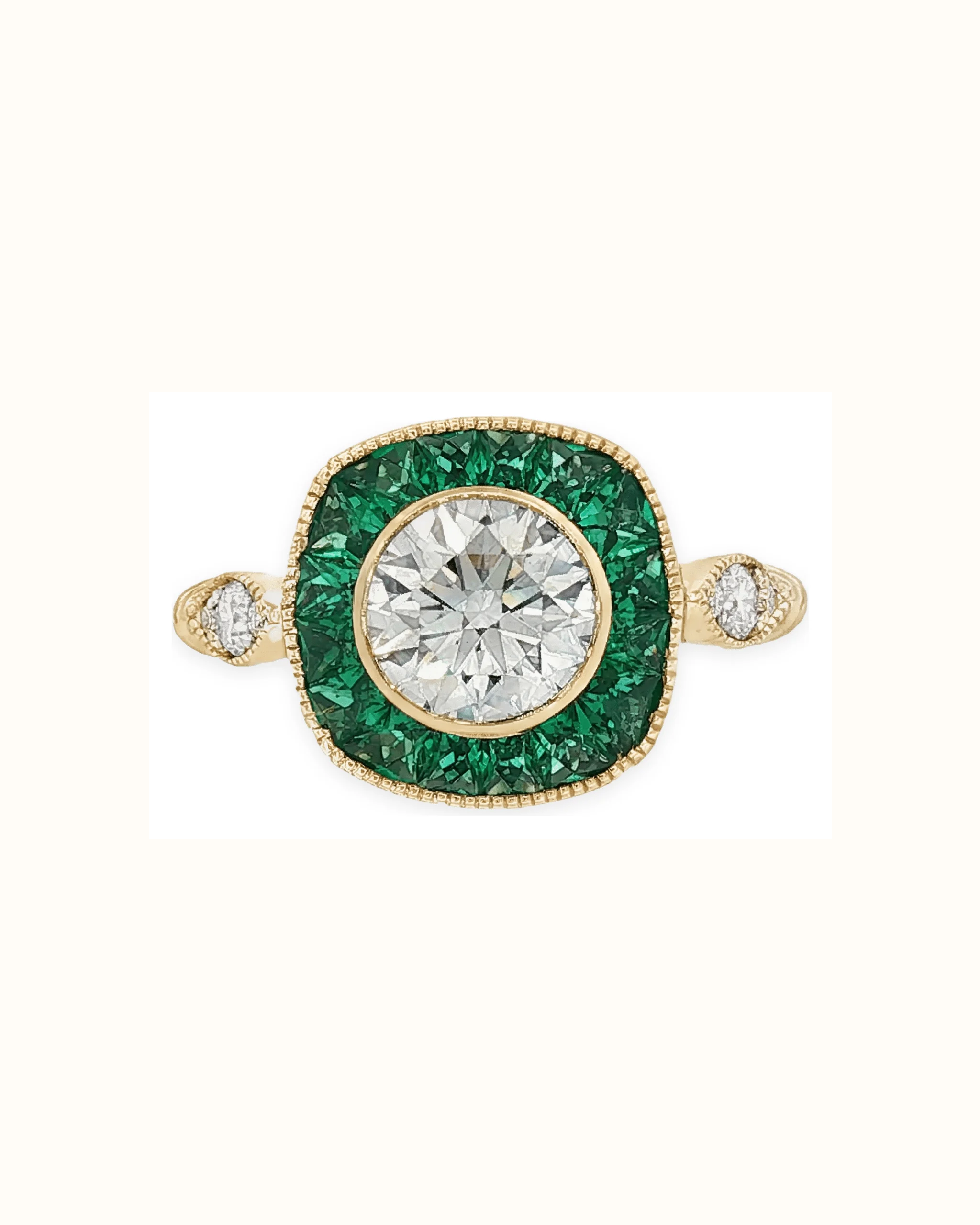 Round Lab-Grown Diamond and Emerald Platinum Ring