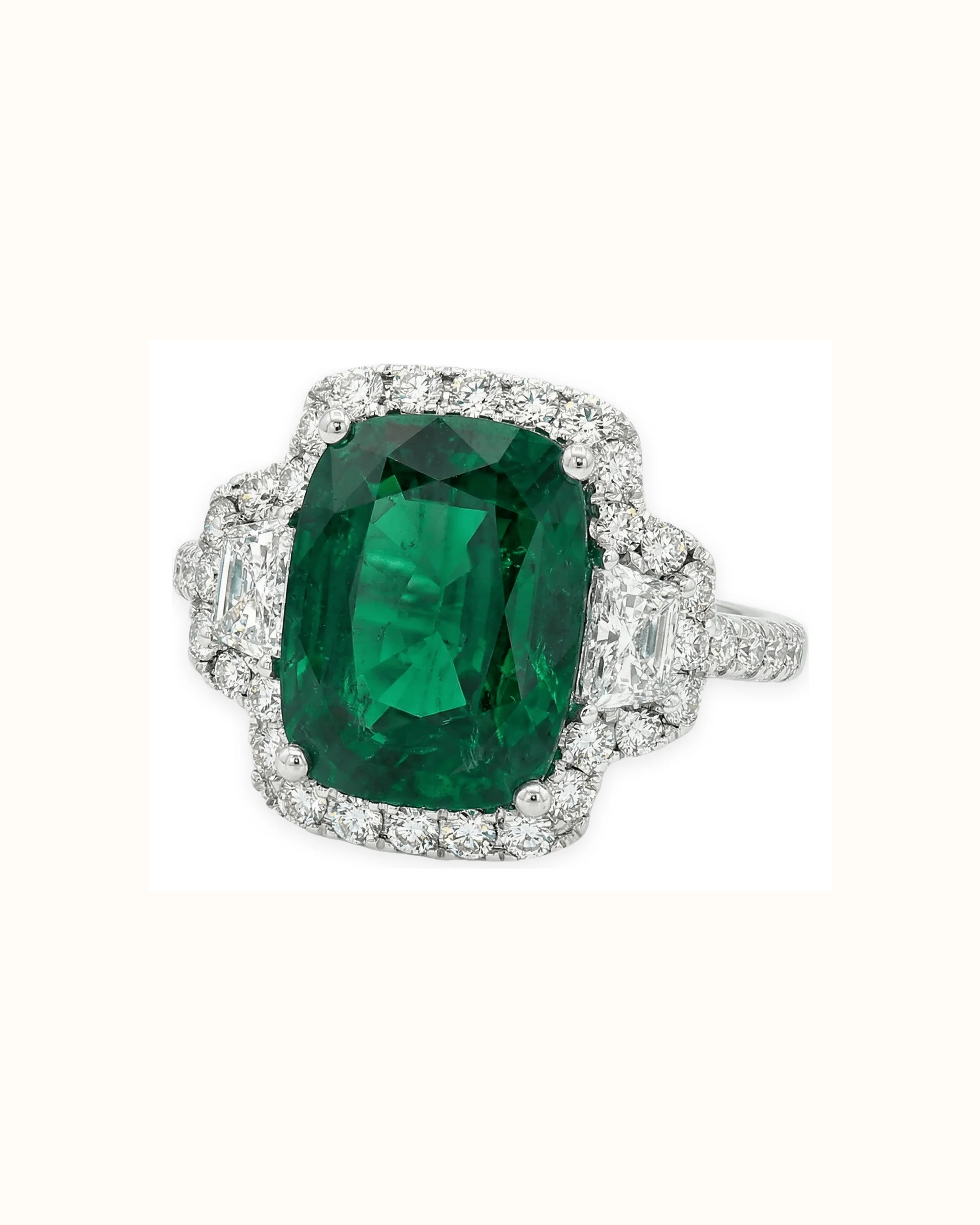 Emerald and Lab-Grown Diamond Halo Ring in Cushion Cut