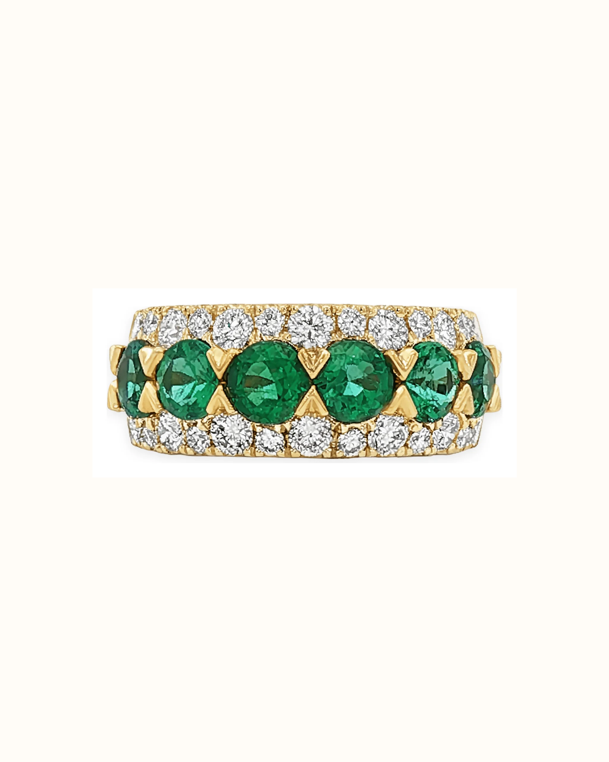 Emerald and Lab-Grown Diamond Ring in 18K Gold Wide Band