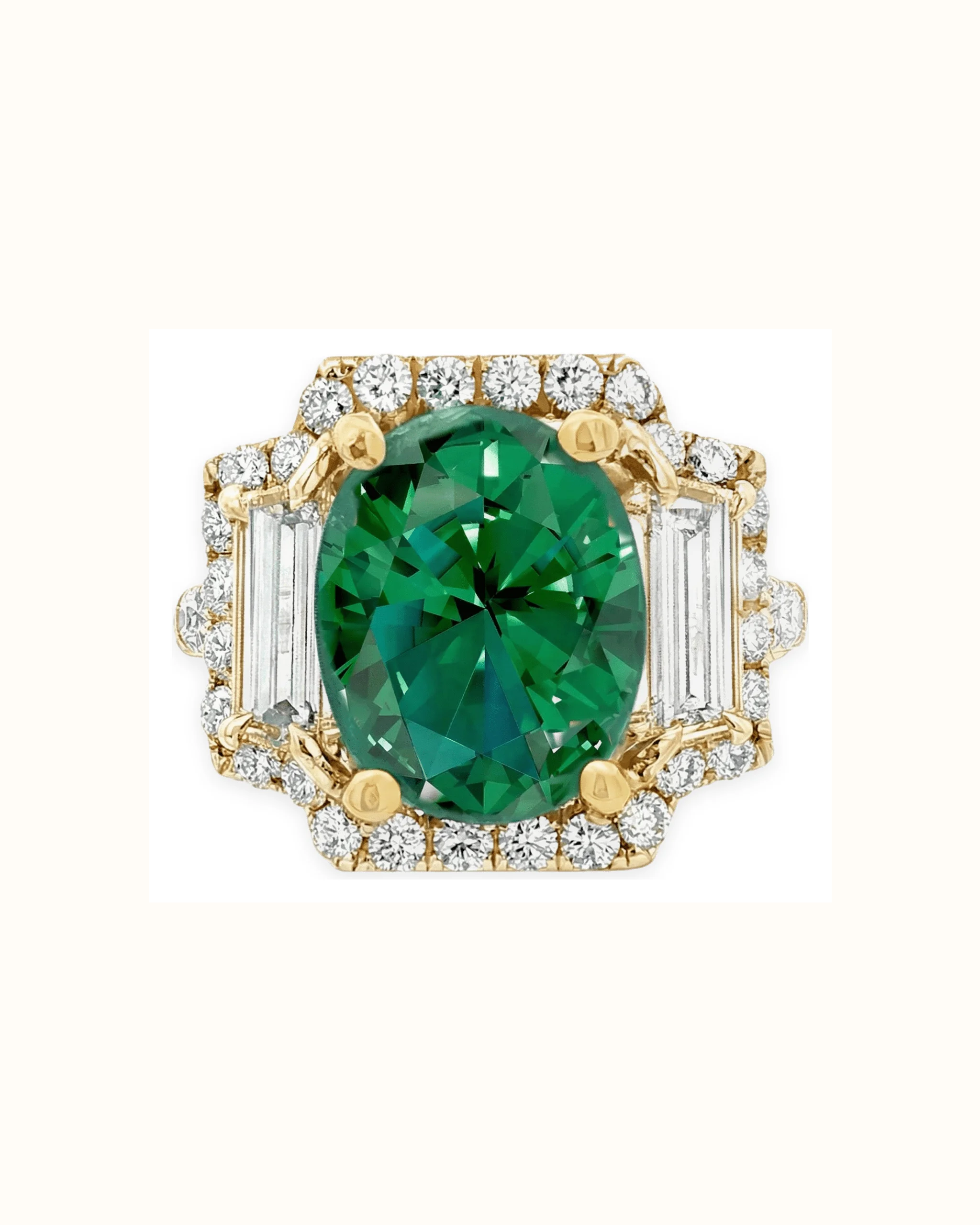 Oval Emerald and Emerald Cut Lab-Grown Diamond Ring in 18K Gold
