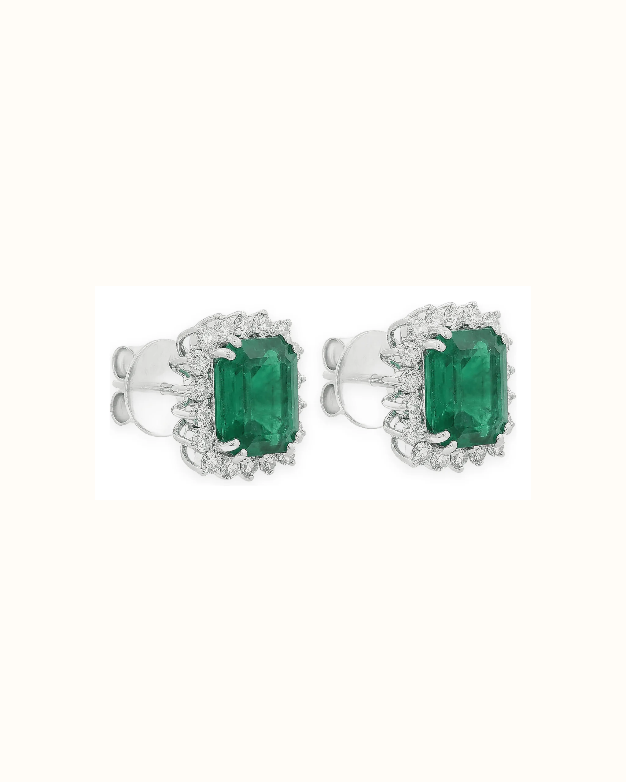 Emerald Cut Emerald Lab-Grown Diamond Halo Earrings in 18K Gold