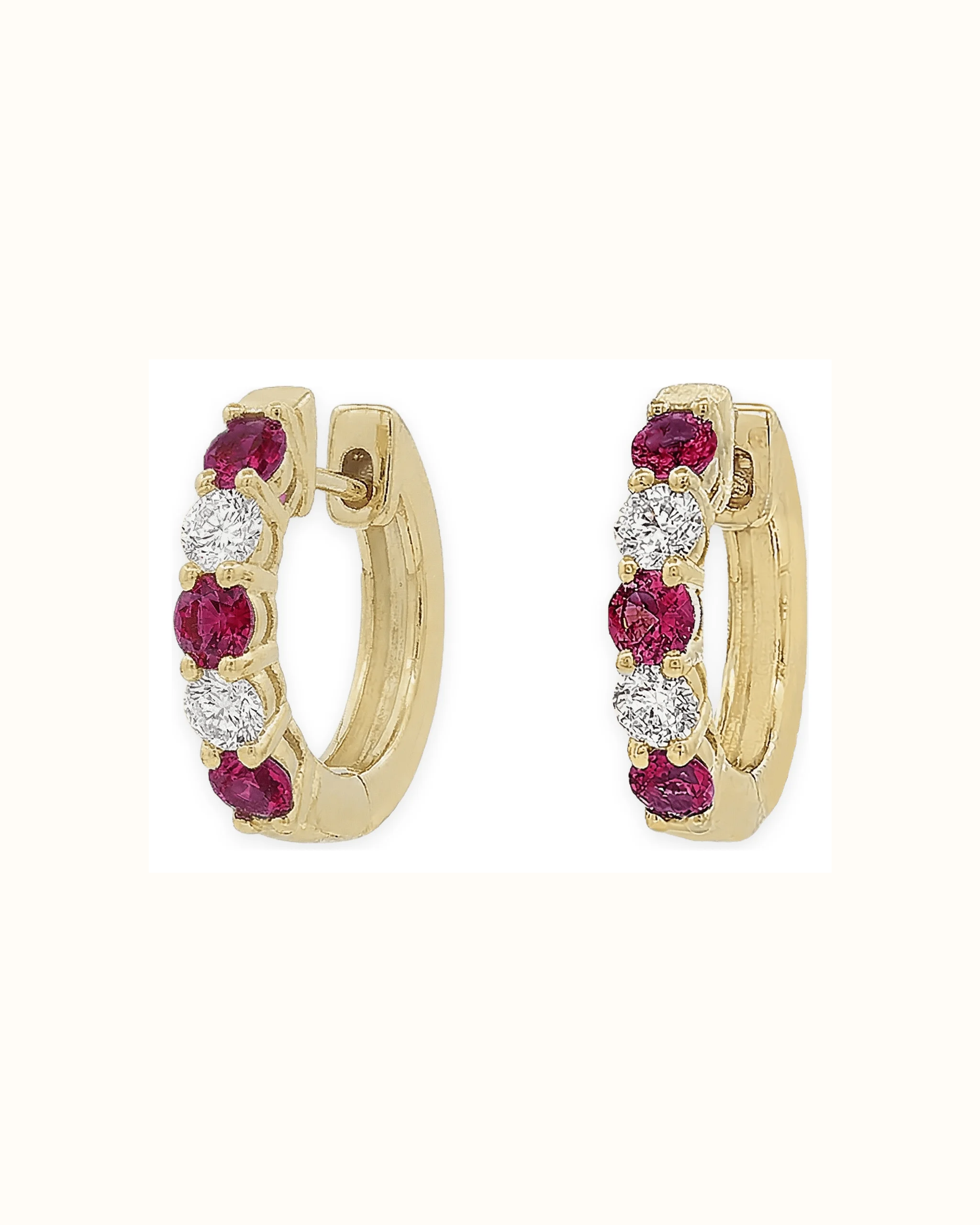 Lab Grown Emerald Cut Ruby and Lab-Grown Diamond Hoop Earrings in 18K Gold